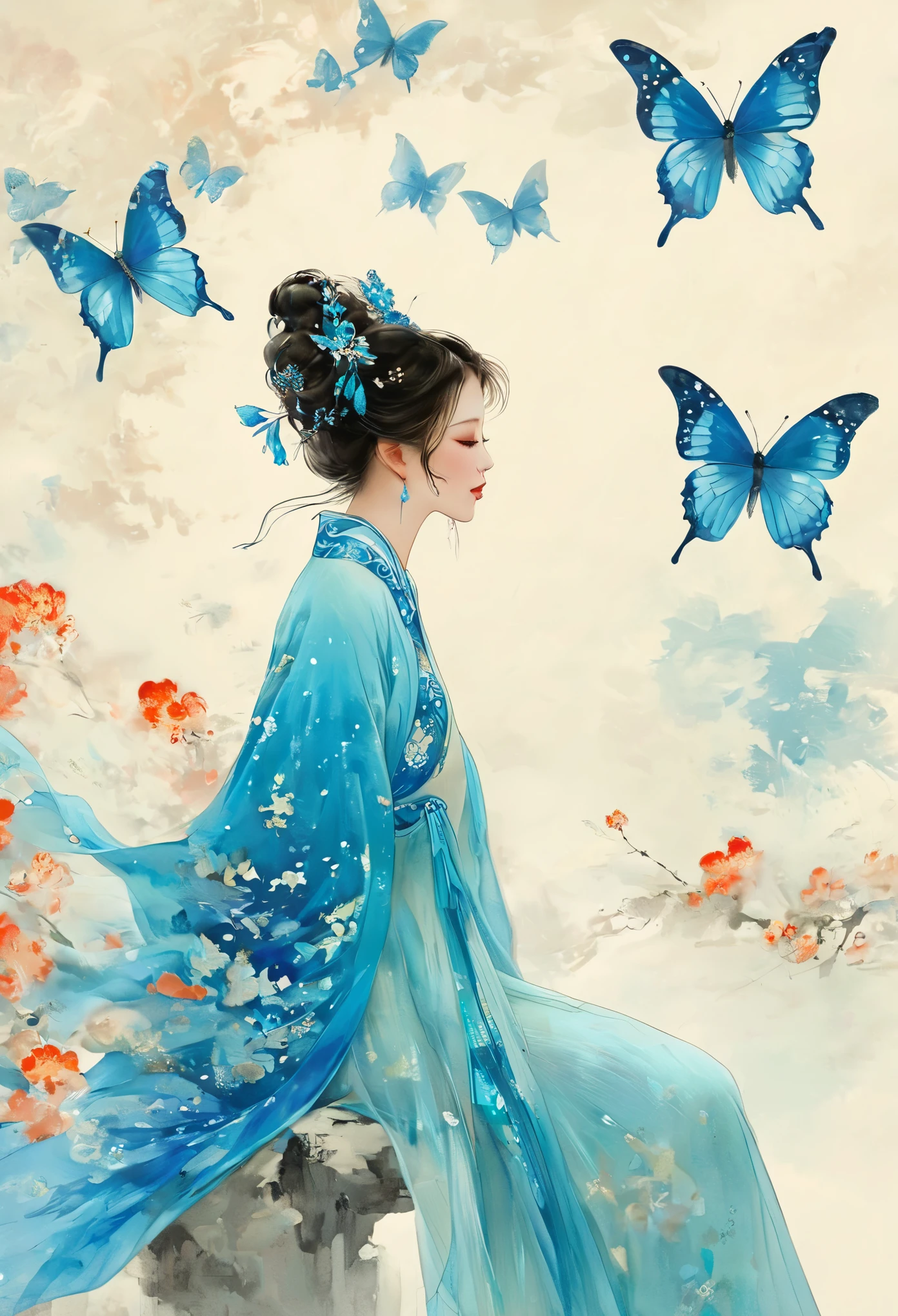 papillon bleu，Peinture，fée papillon，1fille，style chinois，vue de côté