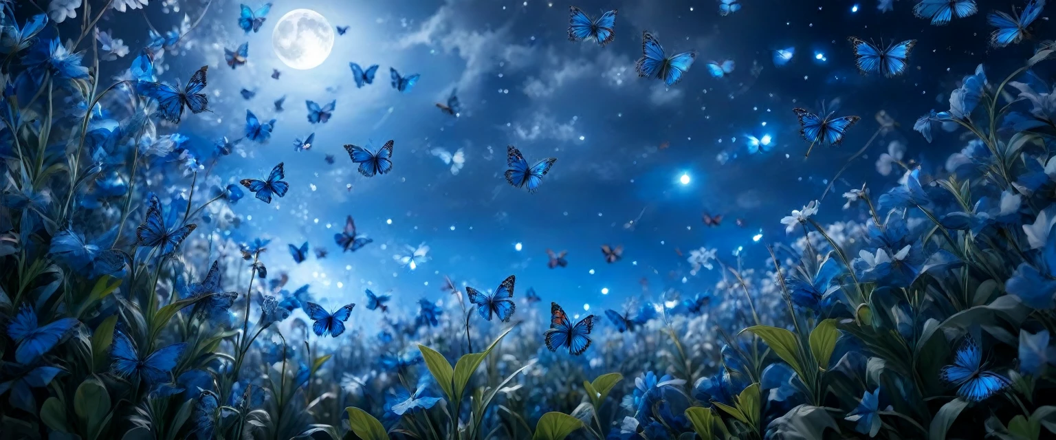 8k,wallpaper of extremely detailed CG unit, ​masterpiece,hight resolution,top-quality,top-quality real texture skin,hyper realisitic,increase the resolution,RAW photos,best qualtiy,highly detailed,the wallpaper, BREAK ,many blue butterflies are making the rainbow in the sky at night,everything is dark as shadow,butterflies glowing blue,