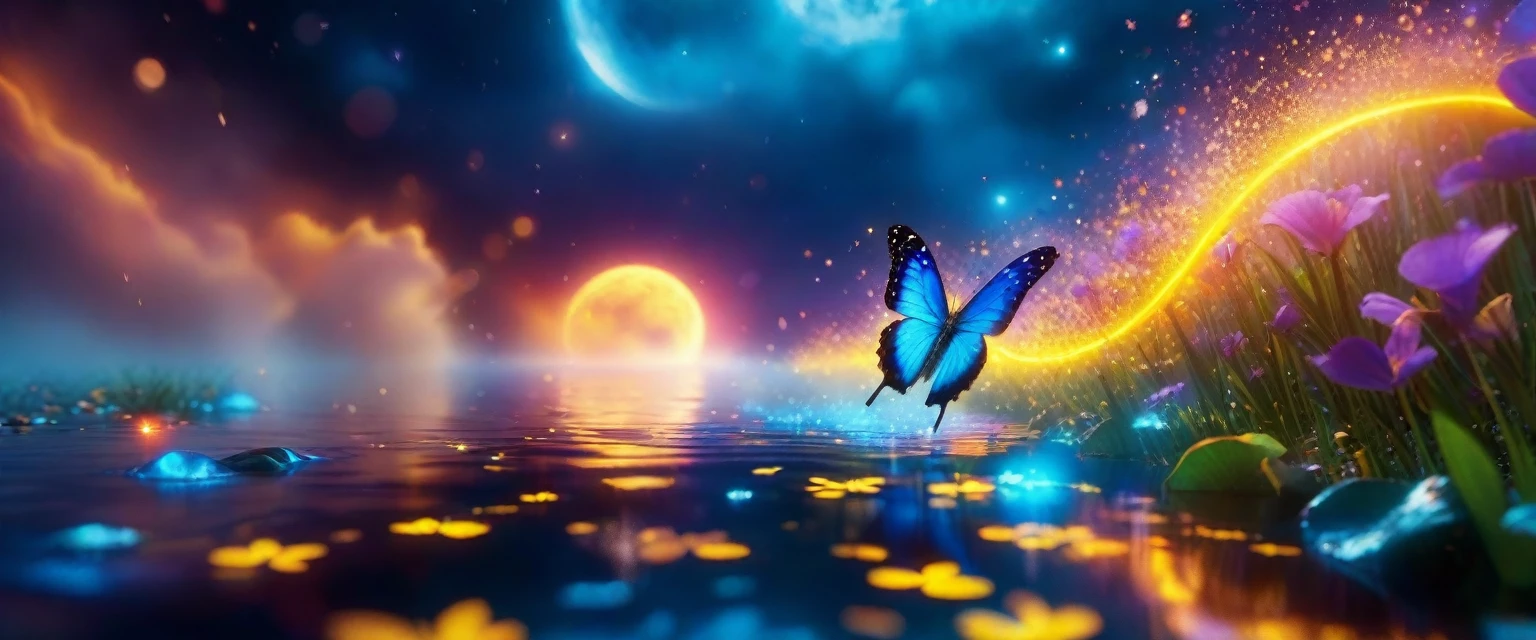 8k,wallpaper of extremely detailed CG unit, ​masterpiece,hight resolution,top-quality,top-quality real texture skin,hyper realisitic,increase the resolution,RAW photos,best qualtiy,highly detailed,the wallpaper, BREAK ,many blue butterflies are making the rainbow in the sky at night,everything is dark as shadow,butterflies glowing blue,