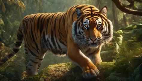 (1 tiger and 1 wolf in the middle of the picture)   (Extremely detailed CG Unity 8K wallpaper,masterpiece, best quality, Super d...