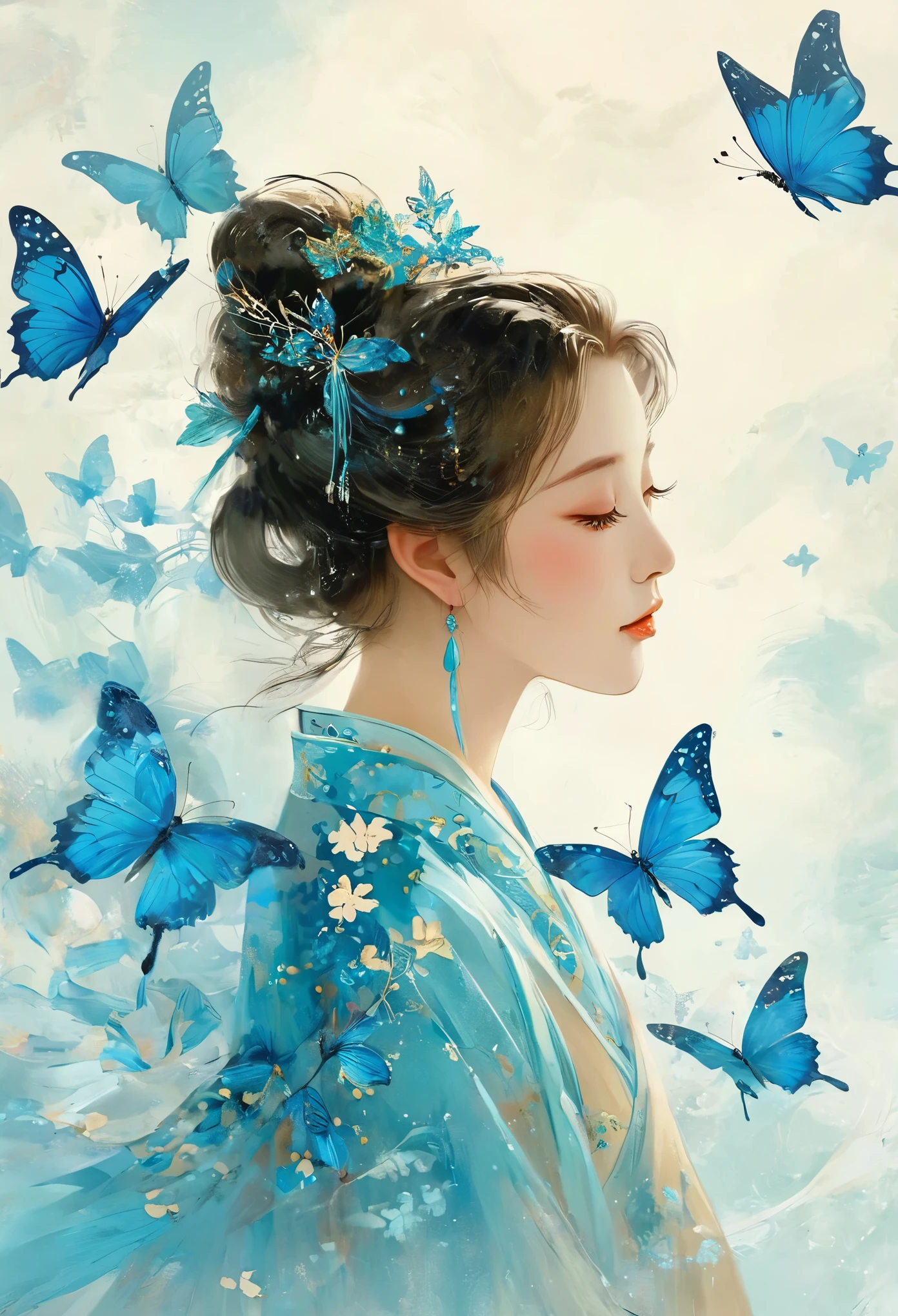 blue butterfly，painting，butterfly fairy，1girl，Chinese style，Side view