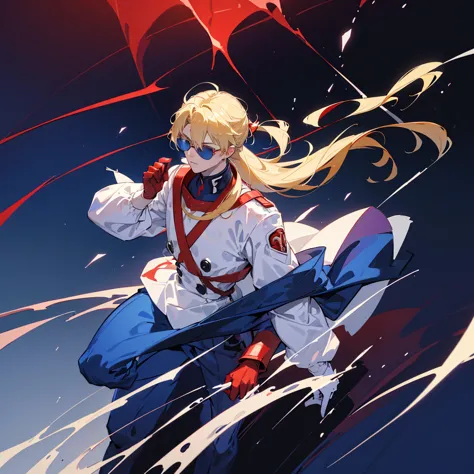 a man, 21 years, long hair blonde, pale white skin, blue eyes, wearing a red suit pilot clothing like neon genesis evangelion, w...