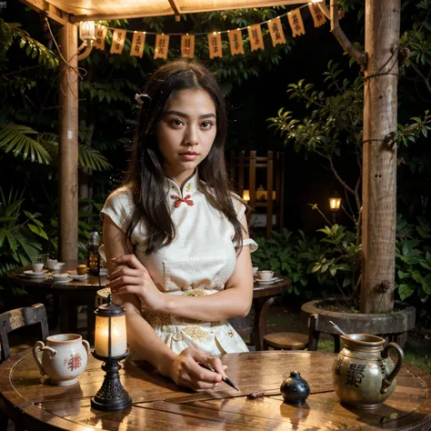 A photo of a beautiful girl in a traditional Chinese dress looking at ancient chinese book under lamp on a low table in garden s...