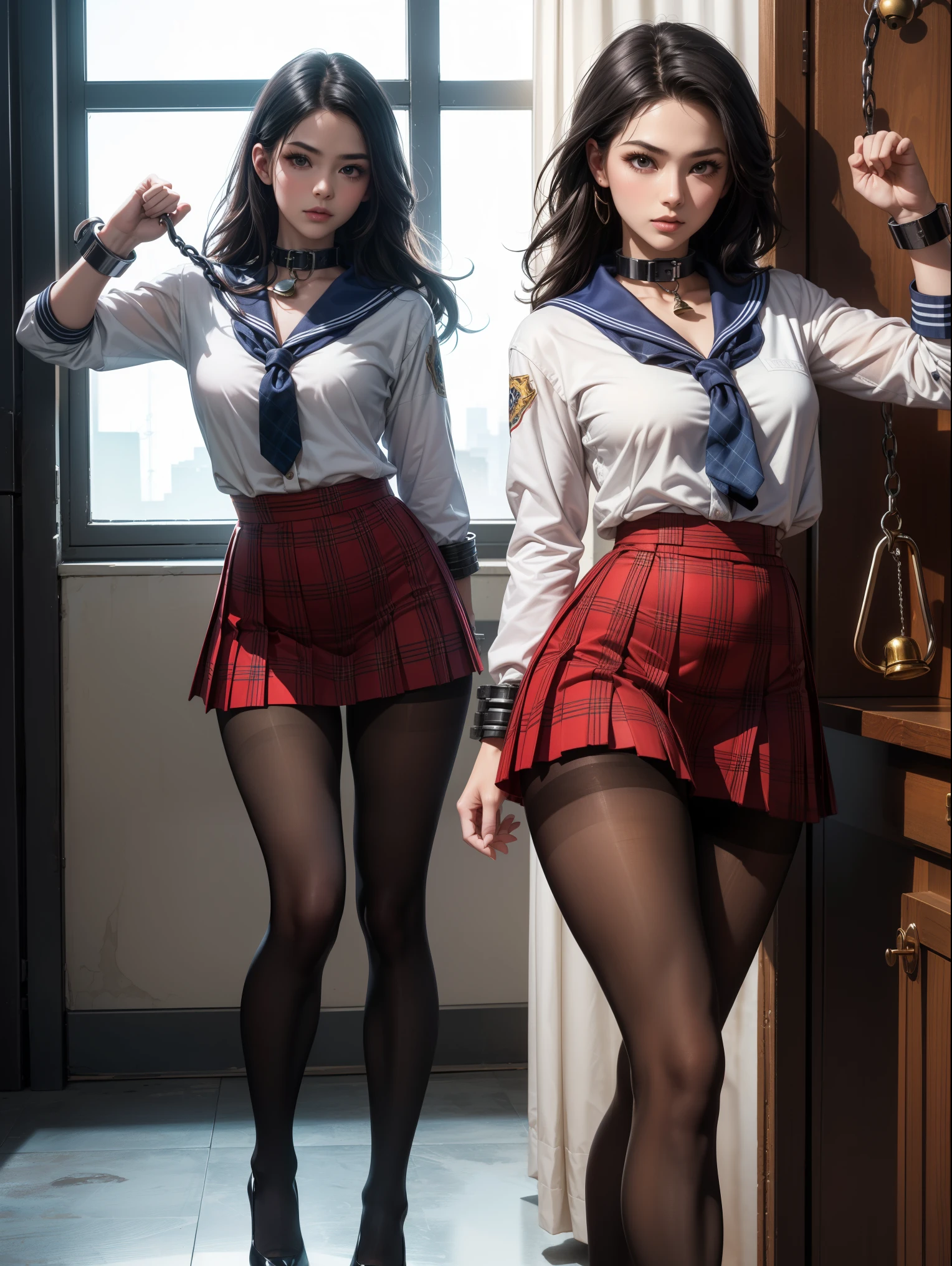 (whole body:1.5)，((girl):1.4),(View Viewer:1.4)，(Anatomically correct:1.3),(martial art pose:1.2),((rich and colorful), (Red sailor suit and plaid high waist pleated skirt )):1.2),(((Pantyhose)):1.32),( girl pointed thick heels :1.1)，((Metal leg irons, handcuffs, and bell collar):1.3),(Accurate and perfect face shape:1.3),Ultra HD, Ray Tracing, reflected light， Quite accurate, Awards, High Detail, Lighten shadow contrast, Facial lighting ，Movie Lighting, masterpiece, Super Detail, high quality, High Detail, best quality, 16K，High contrast,