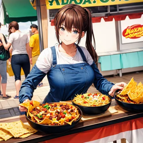 A woman making nachos at a food stall in a Mexican night street　Tight clothing　highest quality