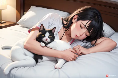 Woman sleeping in bed１people、Sleeping cat１Animals、The cat is lying down、(((A woman&#39;s body and a cat&#39;s body do not overla...