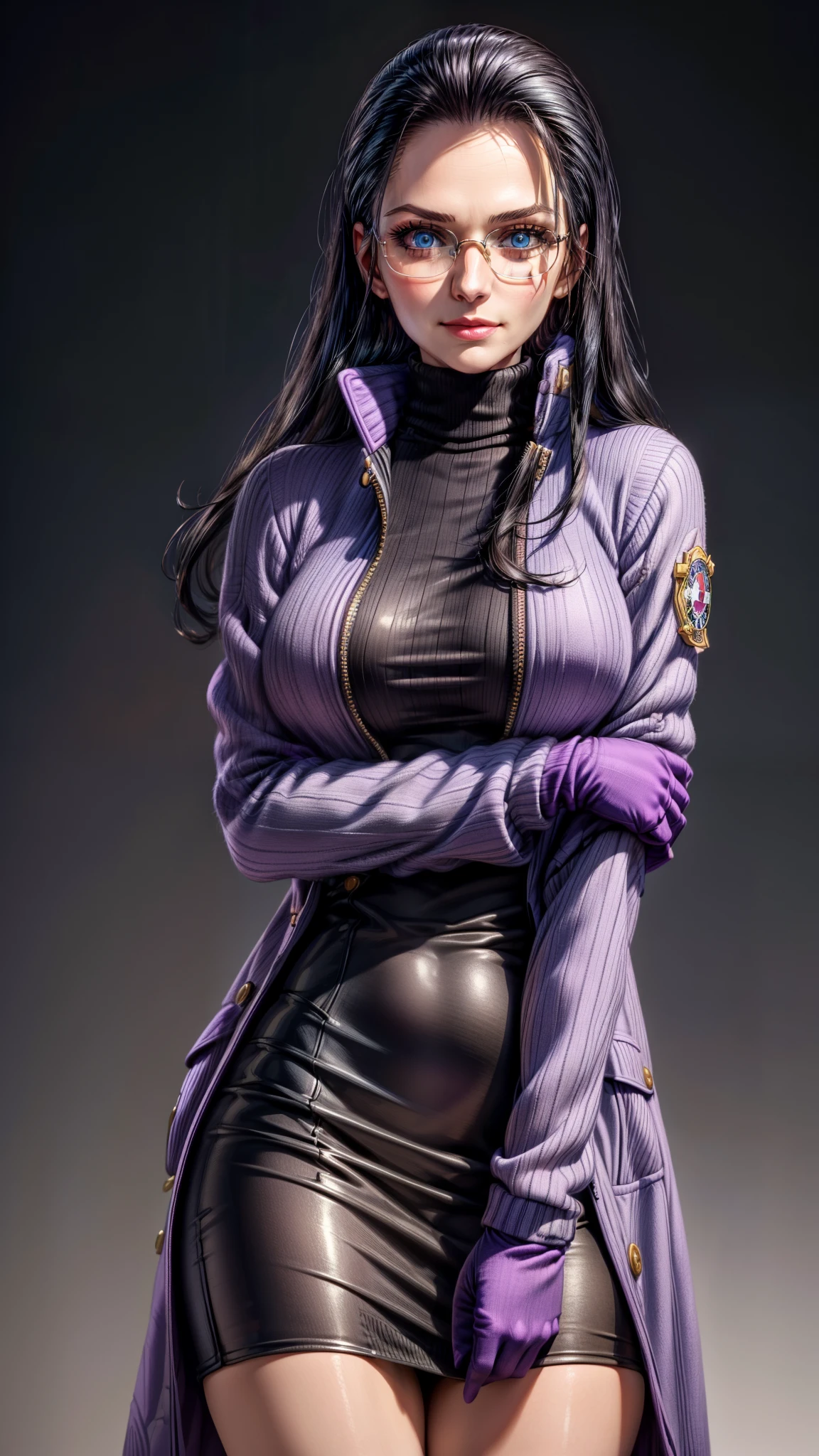 (Masterpiece), 1girl, high quality, best quality, extremely detailed eyes, extremely detailed body, blush, highly detailed, Nico robin, one piece, black hair, blue eyes,  looking at viewer, smile, large breasts, gloves, long sleeves, closed mouth, 1girl, purple jacket, upper body, open clothes, sweater, coat, crossed arms, eyewear on head, brown gloves, ribbed sweater, hair slicked back, purple sweater