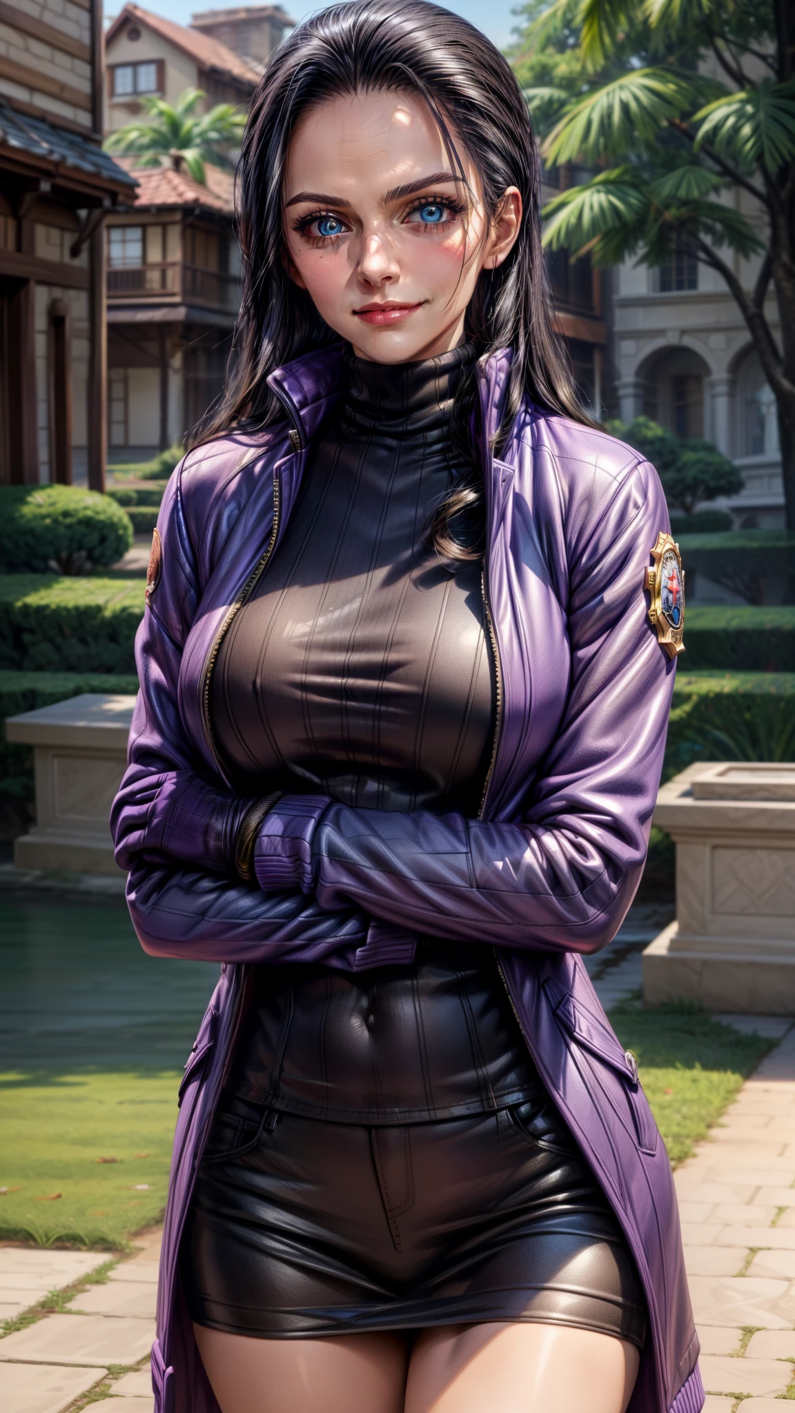 (Masterpiece), 1girl, high quality, best quality, extremely detailed eyes, extremely detailed body, blush, highly detailed, Nico robin, one piece, black hair, blue eyes,  looking at viewer, smile, large breasts, gloves, long sleeves, closed mouth, 1girl, purple jacket, upper body, open clothes, sweater, coat, crossed arms, eyewear on head, brown gloves, ribbed sweater, hair slicked back, purple sweater