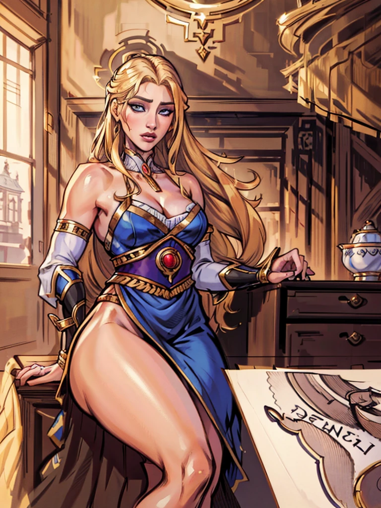 An incredibly beautiful young femme fatale is a golden-haired blonde with long hair and blue eyes, dressed in traditional clothes. Masterpiece, perfect image, realistic shots, detailed study of the face, full-length image, 8k, detailed image. extremely detailed illustration, a real masterpiece of the highest quality, with careful drawing.,