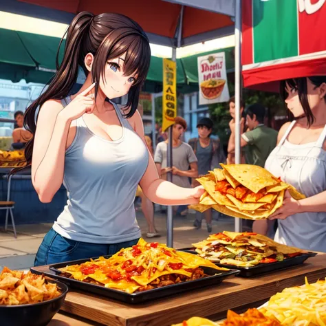 A woman making nachos at a food stall in a Mexican night street　Tight clothing　highest quality　Full Color