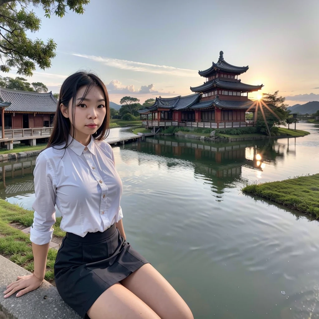 SFW, 1 chica, Solo enfoque, tirar, Toma muy amplia, paisaje, Arquitectura del este de Asia, luz de sol, amanecer, Flotante, nube, cielo, lluvia, agua, cuerpo completo, Al aire libre, escenario, profundidad de campo