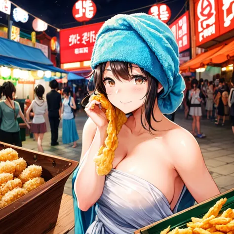 A woman with a towel wrapped around her head making a large amount of tempura at a night market in Korea　highest quality　