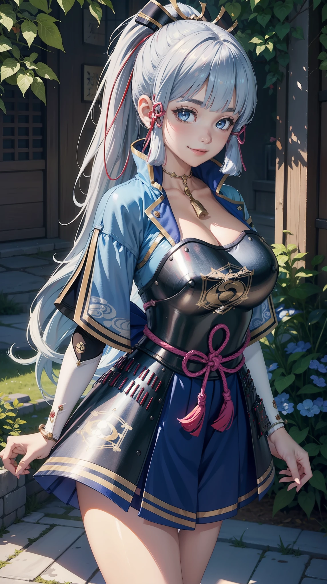 Masterpiece, ultra detail, high quality, 8k cg, (huge breasts), kamisatoayakadef, blush, bright eyes, standing, village, slim body, narrow waist, upper body, smile