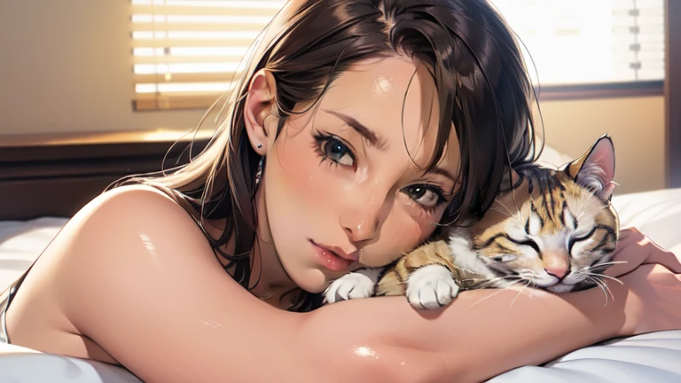 {{masterpiece、highest quality、(((Realistic、Realistic:1.37)))、8K quality、Very delicate and beautiful、wonderful、Large file size、Very detailed、Very detailed、Cinema Lighting}}、Woman sleeping in bed１people、Sleeping cat１Animals、The cat is lying down、(((A woman&#39;s body and a cat&#39;s body do not overlap))