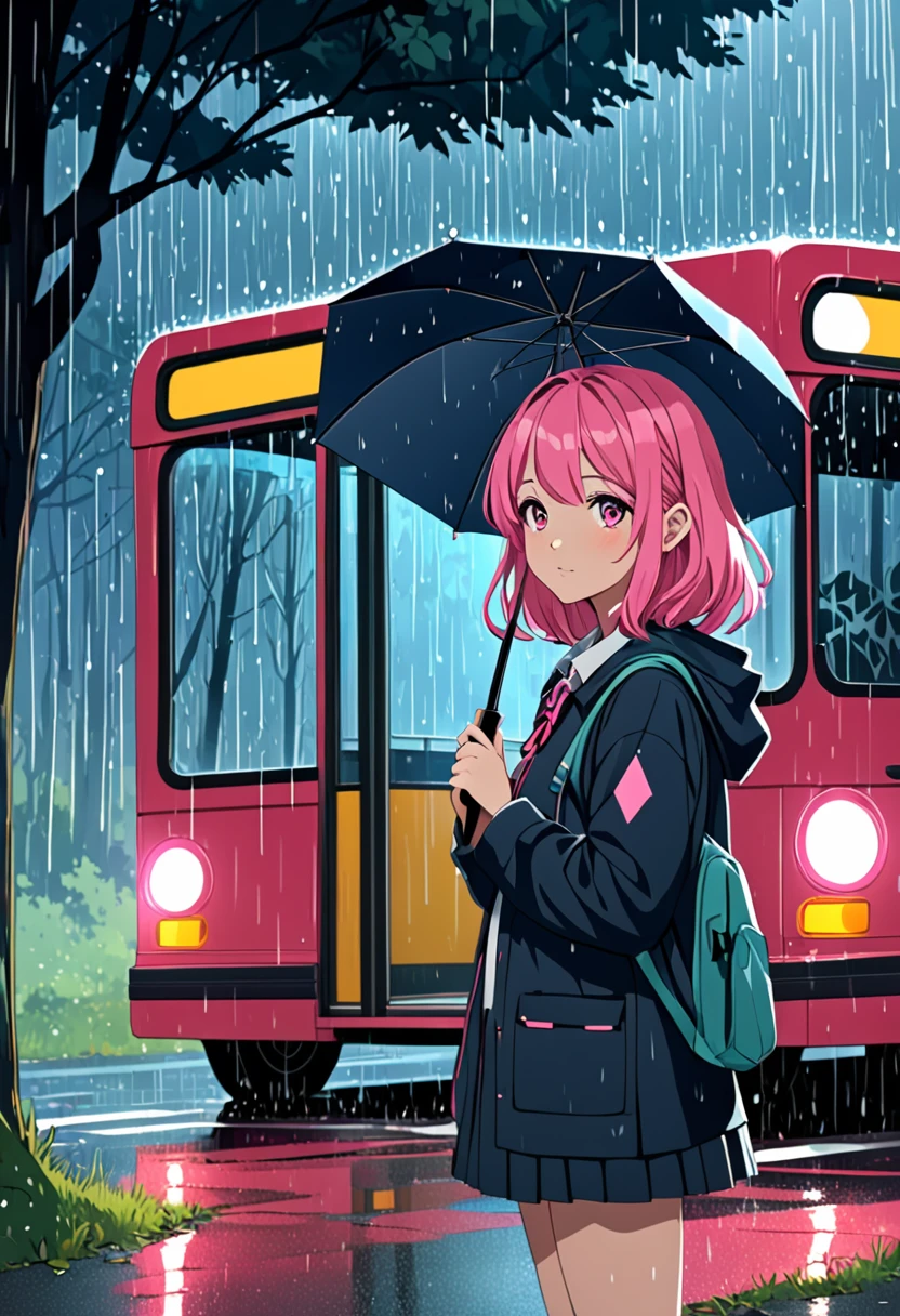 (girl waiting at the bus stop on a rural road while it rains and small, luminous glowing spirits come out of the forest), girl with a beautiful face, black and pink hair, defined details, messy school clothes, looking at the camera, "Generate an illustration in a style that blends organic shapes with geometric patterns, emphasizing vibrant colors and dynamic compositions."