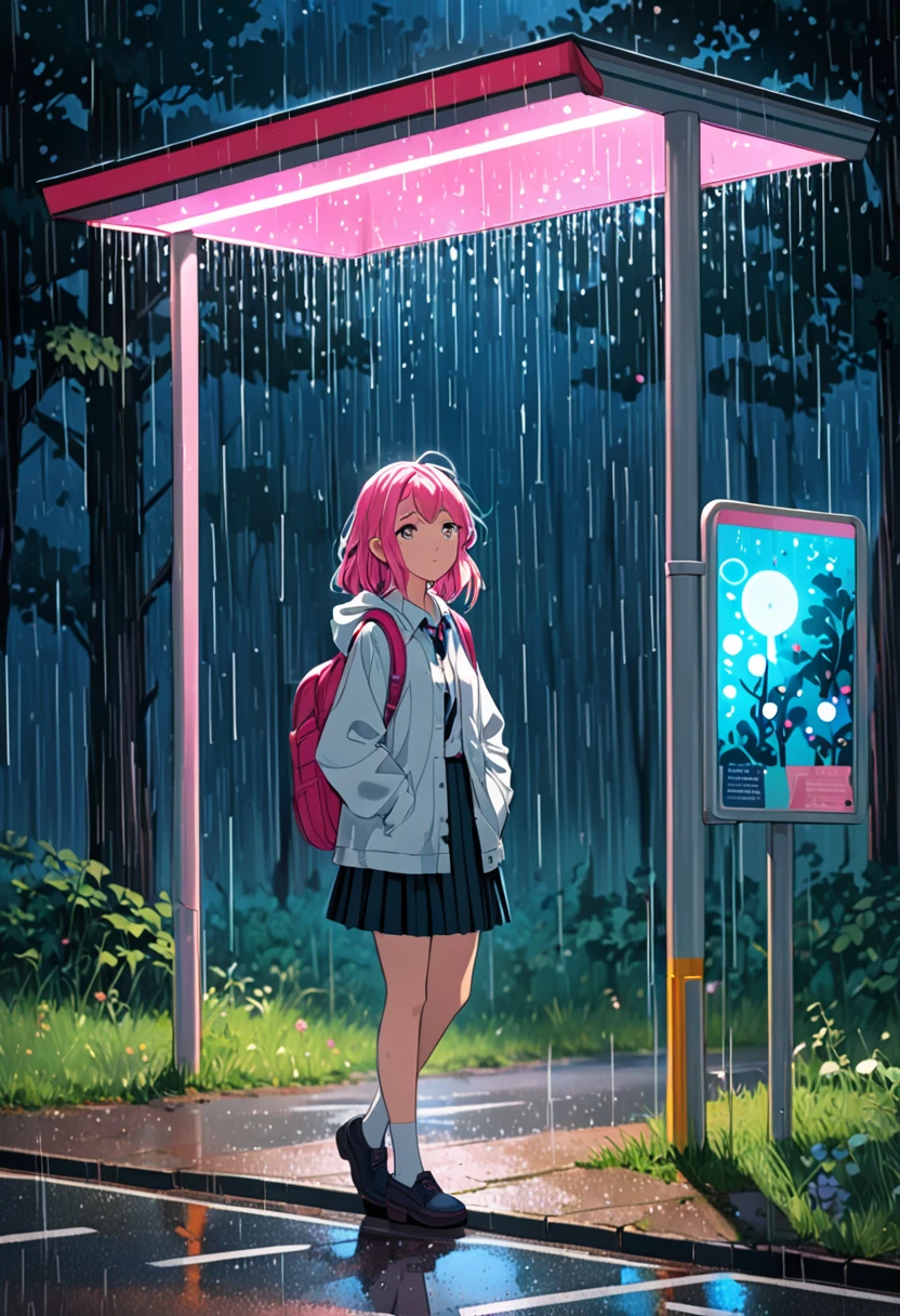 (girl waiting at the bus stop on a rural road while it rains and small, luminous glowing spirits come out of the forest), girl with a beautiful face, black and pink hair, defined details, messy school clothes, looking at the camera, "Generate an illustration in a style that blends organic shapes with geometric patterns, emphasizing vibrant colors and dynamic compositions."