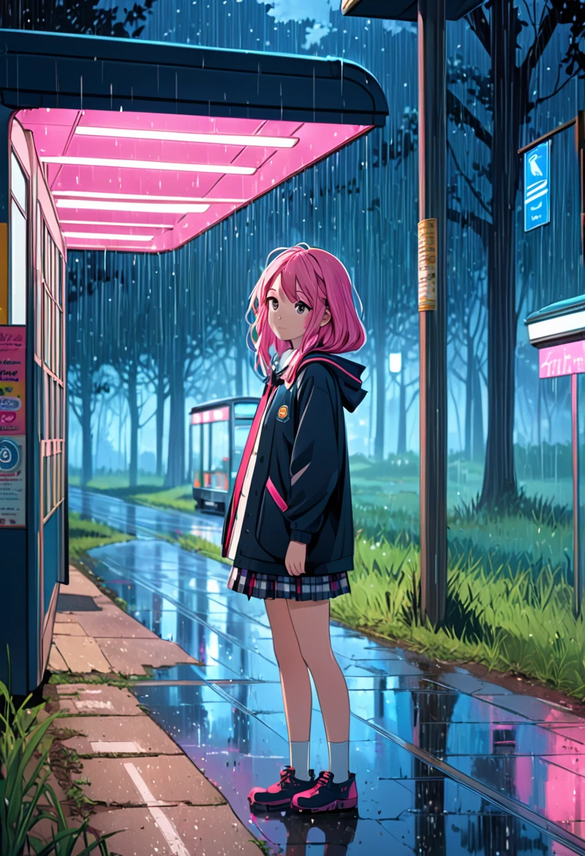 (menina esperando no ponto de ônibus em uma estrada rural enquanto chove e pequeno, espíritos brilhantes e luminosos saem da floresta), Menina com um rosto bonito, Cabelo preto e rosa, detalhes definidos, roupas escolares bagunçadas, olhando para a câmera, "Gere uma ilustração em um estilo que combine formas orgânicas com padrões geométricos, enfatizando cores vibrantes e composições dinâmicas."