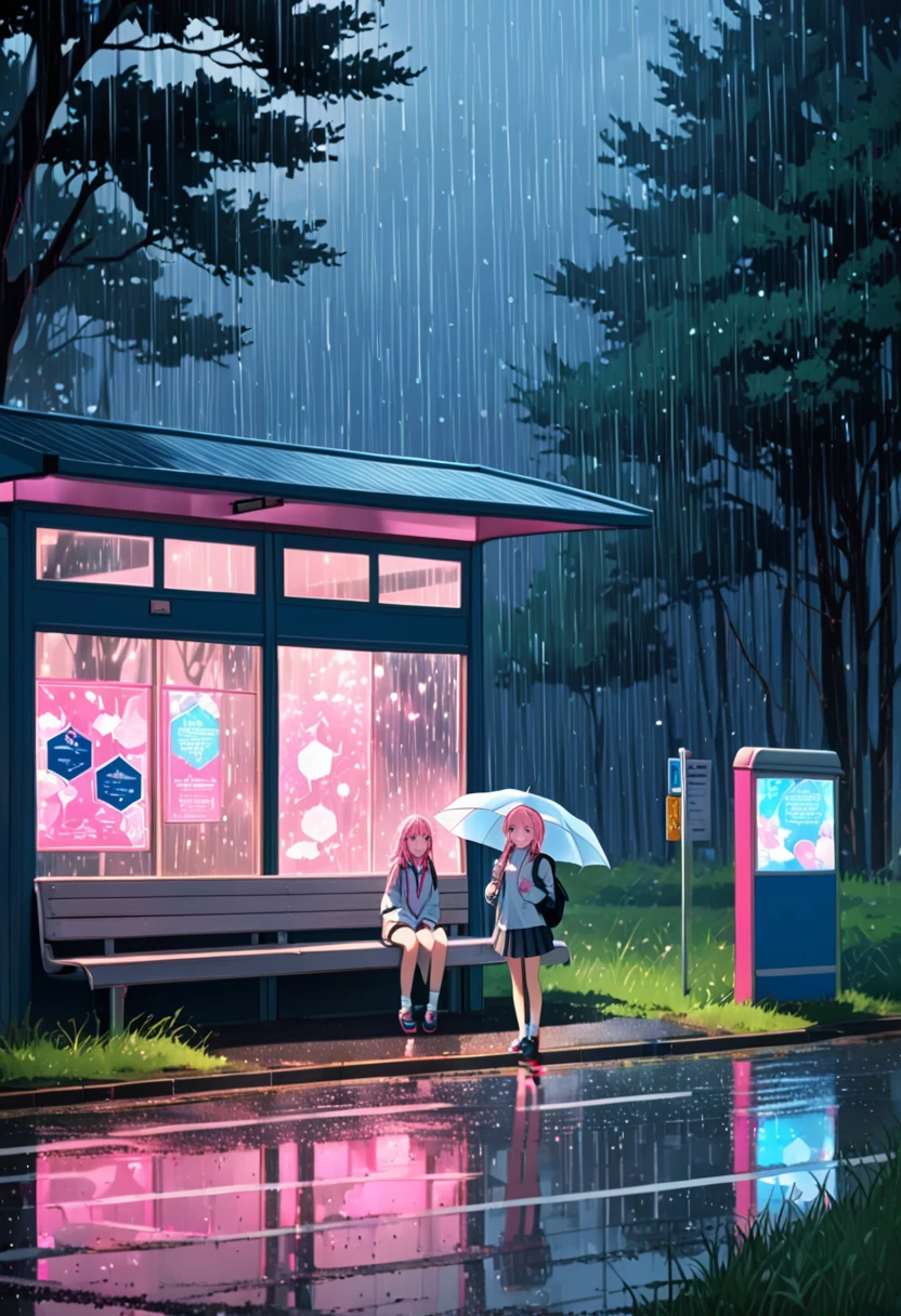 (girl waiting at the bus stop on a rural road while it rains and small, luminous glowing spirits come out of the forest), girl with a beautiful face, black and pink hair, defined details, messy school clothes, looking at the camera, "Generate an illustration in a style that blends organic shapes with geometric patterns, emphasizing vibrant colors and dynamic compositions."