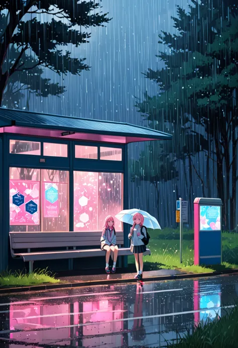 (girl waiting at the bus stop on a rural road while it rains and small, luminous glowing spirits come out of the forest), girl w...