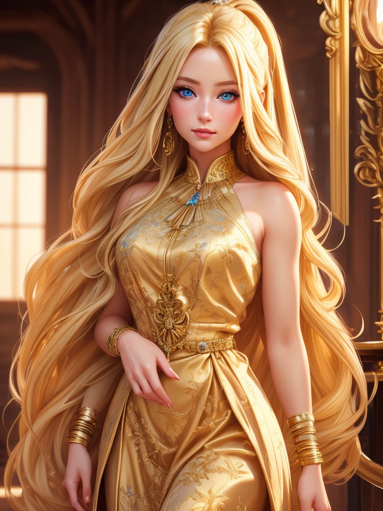 An incredibly beautiful young femme fatale is a golden-haired blonde with long hair and blue eyes, dressed in traditional clothes. Masterpiece, perfect image, realistic shots, detailed study of the face, full-length image, 8k, detailed image. extremely detailed illustration, a real masterpiece of the highest quality, with careful drawing.