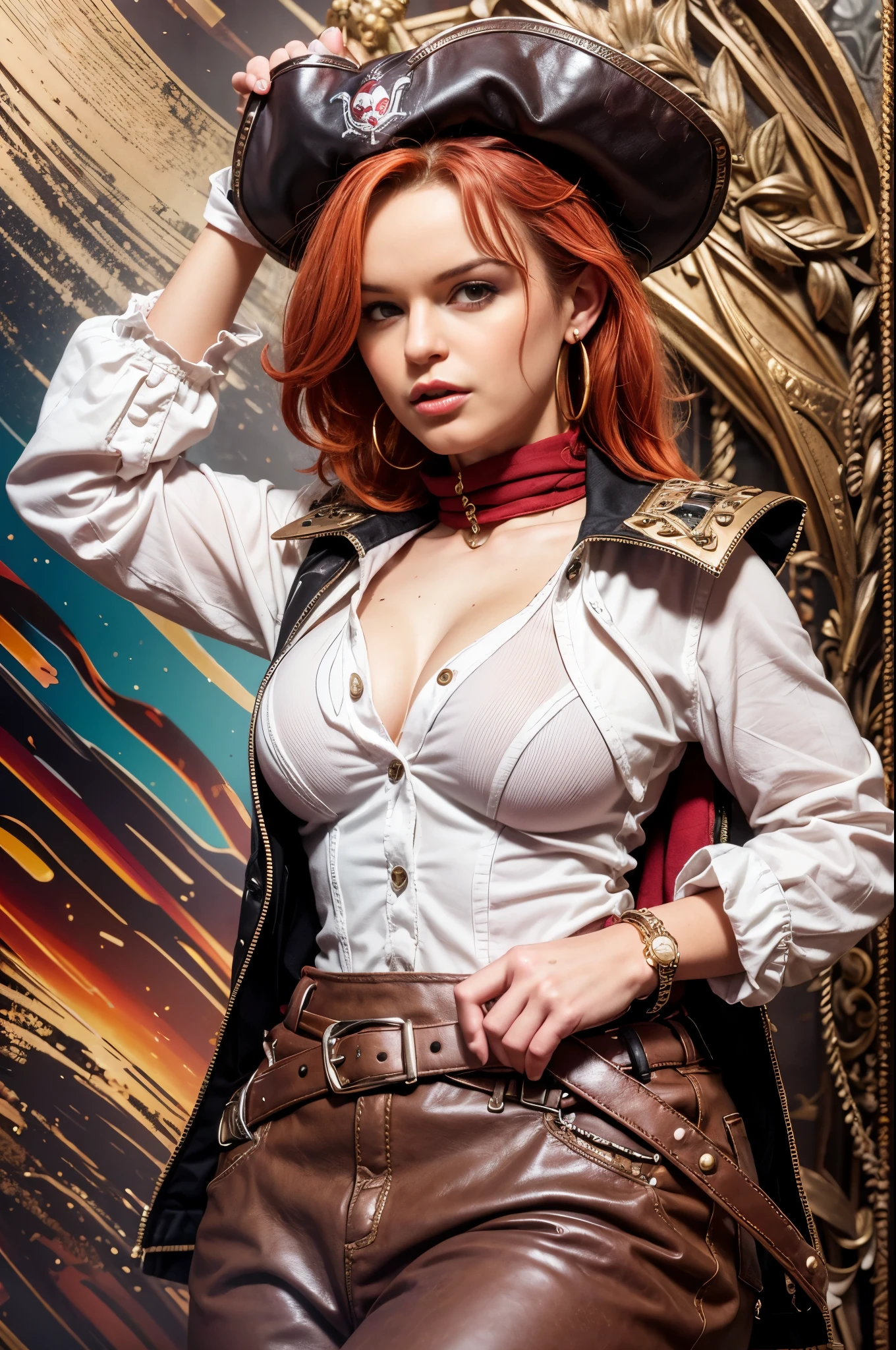 Female 17th century pirate, pirate captain, mid 30s woman, smirking, wavy shoulder length vivid red hair, red bandanna, large gold hoop earrings, puffy long sleeved white shirt, brown leather vest, belt, large square belt buckle, long brown pantaloons, worn leather boots, period dress, dirty clothes, holding a cutlass, dramatic pose, on deck aboard a pirate ship, caribbean island, painterly illustration, best quality, 8k, masterpiece, bright vivid colours, colourful, renatadaninsky