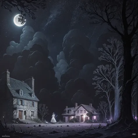 -late at night - small quiet village - old mansion - barren fields - isolation - rumors - ghost infested area, foto realista de ...