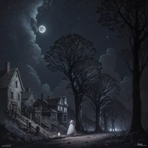 -late at night - Small quiet village - Old mansion - Barren fields - Isolation - rumors - Ghost infested area, foto realista de ...