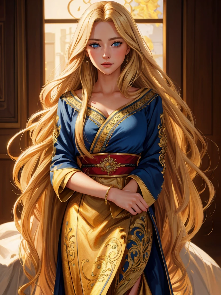 An incredibly beautiful young femme fatale is a golden-haired blonde with long hair and blue eyes, dressed in traditional clothes. Masterpiece, perfect image, realistic shots, detailed study of the face, full-length image, 8k, detailed image. extremely detailed illustration, a real masterpiece of the highest quality, with careful drawing.