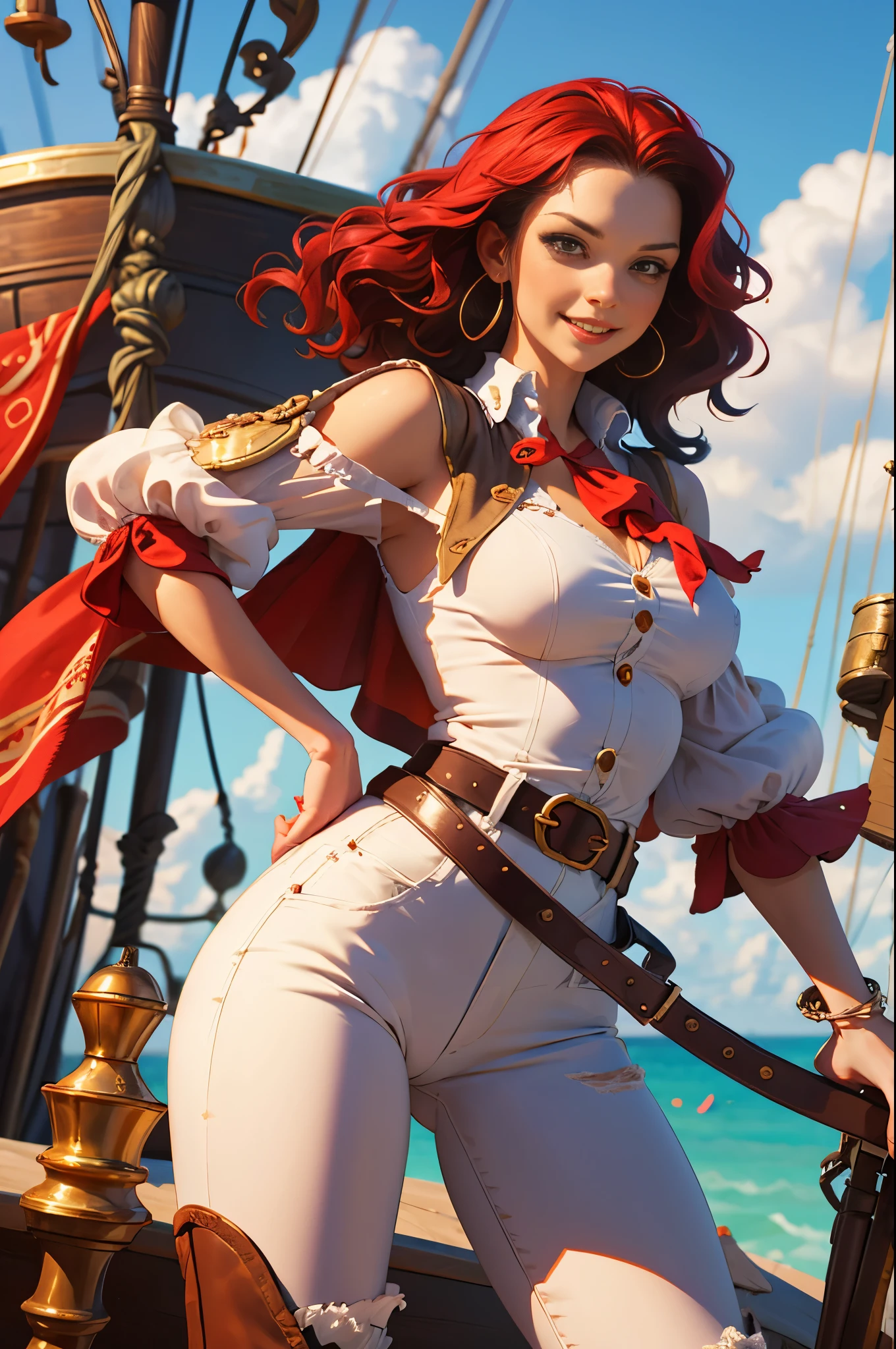 Pirate féminine du XVIIe siècle, capitaine pirate, miD 30s woman, Souriant, wavy shoulDer length viviD reD hair, reD banDanna, large golD hoop earrings, puffy long sleeveD white shirt, gilet en cuir marron, ceinture, large square ceinture buckle, pantalons longs marron, bottes en cuir usées, perioD Dress, Dirty clothes, holDing a cutlass, Dramatic pose, on Deck aboarD a pirate ship, caribbean islanD, illustration picturale, Meilleure qualité, 8k, chef-d&#39;œuvre, bright viviD colours, coloré, parcelle.D