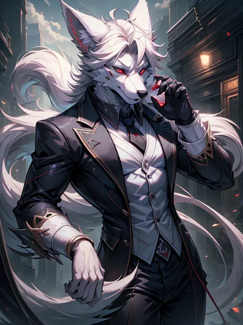 male, furry, wolf anthro, solo, white fur, red eyes, (realistic eye details 1.2), headphone on head, business suit wear, charact...