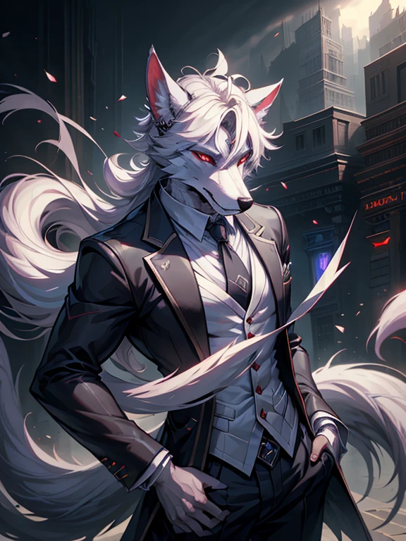 male, furry, wolf anthro, solo, white fur, red eyes, (Realistic eye details 1.2), headphone on head, business suit wear, Character focus, abs, Full body like, Masterpiece, dramatic lighting, soft lighting, day, highly detail, Hair coiled