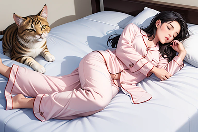 Woman sleeping in bed１people、(((woman is wearing pajamas)))、Sleeping cat１Animals、The cat is lying down、Anatomically accurate body depiction、(((A woman&#39;s body and a cat&#39;s body do not overlap))、{{masterpiece、highest quality、(((Realistic、Realistic:1.37)))、8K quality、Very delicate and beautiful、wonderful、Large file size、Very detailed、Very detailed、Cinema Lighting}}