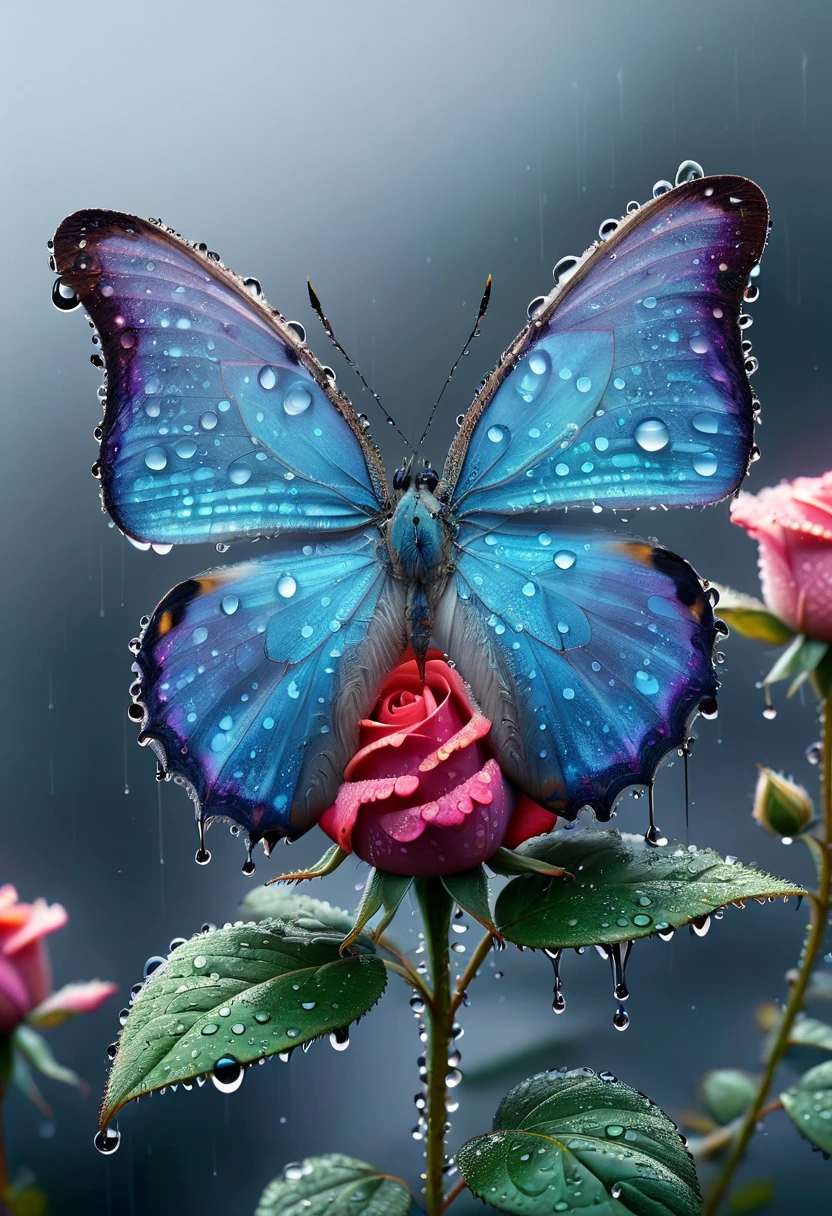 (realistic, photorealistic:1.2), mariposa azul (butterfly:1.1), resting on una (a) rosa (rose), with raindrops gotas de lluvia, highres:1.2