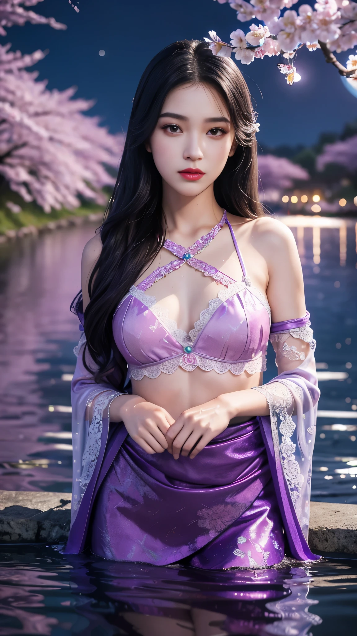 8K, ultra hd, masterpiece, 1 girl , good face, very long hair, detailed eyes, detailed lips, small breasts, detailed clothing, purple clothing, ((criss-cross lace), sardine, bare waist, ornament, jewellery, antique jewellery, loops, straps, dim lighting, epic scenery, night scenery, ((moon light)), cherry blossom, beautiful, rain, flowers, butterfly, water reflection, RTX 4090, ray tracing, bloom effect, front body pose,