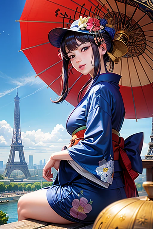 ((highest quality))、(masterpiece)、(detailed)、Perfect Face、'((A woman wearing a kimono))、Age 35、Inspired by that?、Parisの街角、(((Eiffel Tower、Paris、blue sky)))