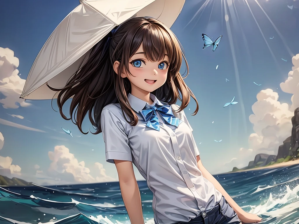 (best quality,4k,8k,highres,masterpiece:1.2), detailed blue butterflies flying above the sea, elegant yacht, white waves, vivid colors, glowing sunlight, calm ocean, surreal atmosphere, dreamlike composition, soft breeze