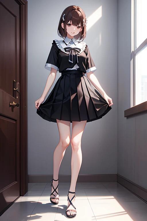 Masterpiece，Full body view、Standing Accurately, Toes on the feet、Misaka Mikoto、Black pleated mini skirt、High heels、Short sleeve Y-shirt、Beauty、Sexy pose、Provocative、Smile,