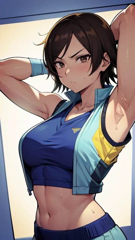 Nahaufnahme einer Person in einer Basketballuniform, ein Bild, inspiriert von Kentaro Miura, Trends auf Pixiv, Asuka Kazama, Tekke, trägt ein gelbes NBA-Trikot, yellow CROPTOP nba jersey, wearing a low cut CROPTOP, wearing CROPTOP, CROPTOP, written "Lakers" on the CROPTOP, goldener Raito, (zwinkert), Shirobako, groß)}], Lieblingsszene, feine Details. Anime-Serie. skins, Schwitzen, große Brüste, beide Hände erhoben, Achseln, Achseln visible, schweißnass, mehr mehr Schweiß, sweaty Achseln