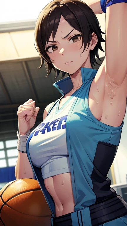 a close up of a person wearing a basketball uniform, a picture, inspired by Kentaro Miura, trending on pixiv, Asuka kazama, Tekke, wearing yellow nba jersey, yellow croptop nba jersey, wearing a low cut croptop, wearing croptop, croptop, written "Lakers" on the croptop, golden raito, (winking), shirobako, large)}], favorite scene, fine details. anime. skins, sweating, big breasts, both hands raised, armpits, armpits visible, dripping with sweat, more more sweat, sweaty armpits