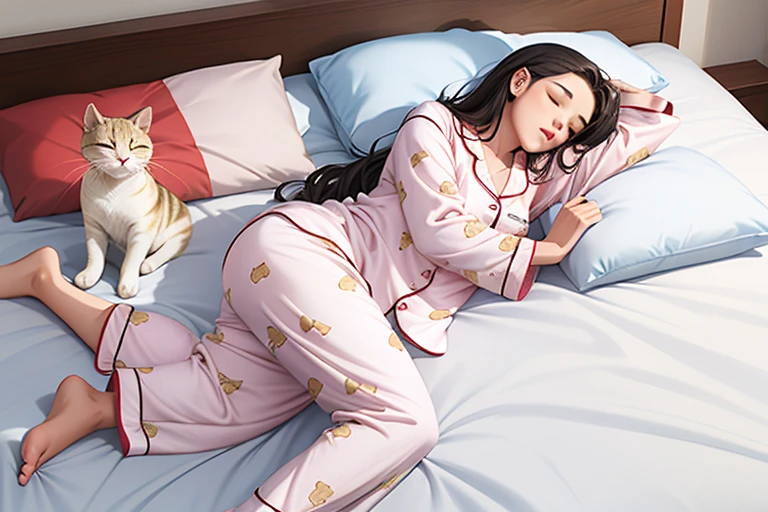 Woman sleeping in bed１people、Sleeping cat１Animals、(((woman is wearing pajamas)))、The cat is lying down、Anatomically accurate body depiction、(((A woman&#39;s body and a cat&#39;s body do not overlap))、{{masterpiece、highest quality、(((Realistic、Realistic:1.37)))、8K quality、Very delicate and beautiful、wonderful、Large file size、Very detailed、Very detailed、Cinema Lighting}}