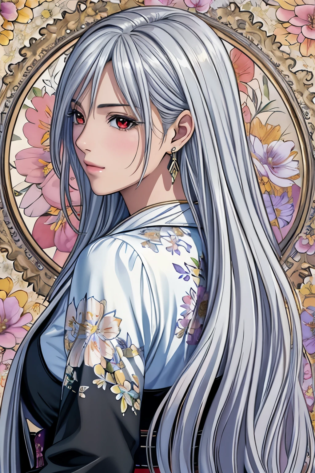 (​masterpiece, top-quality, top-quality, Official art, Beautifully Aesthetic:1.2), red eyes, (highest quality, masterpiece painting:1.3), immature woman, 16 years old, (half body shot), masterpiece, ultra high resolution, (((Flower frame, A lot of flowers in the frame, round frame, A beautiful girl fits into the frame))), Decorative panel, abstract art, (shot from a side angle), (Photoreal:1.0), ((light silver hair)),straight hair, beautiful shining hair, white and shining skin, Painterly, sketch, Texture, 超A high resolution, solo, Beautuful Women, A highly detailed, (Fractal Art:1.1), (colourfull:1.1), (florals:1.6), The most detailed, (Zentangle:1.2), (Dynamic Poses), (Abstract background:1.3), (shinny skin), (Many colors:0.8), (earrings:1.4), (pluma:0.9), Taisho romance