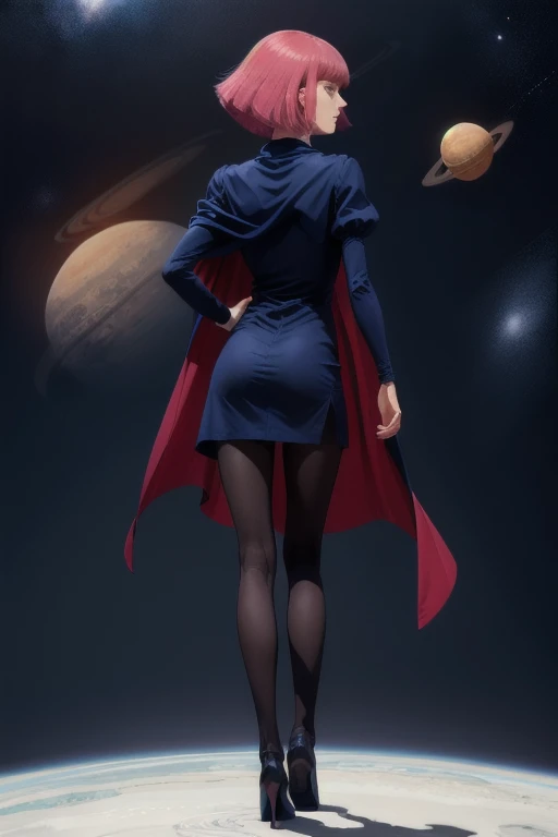 masterpiece, high quality, solo, looking back, 
haman_karn,1woman, pink hair, short hair, sidelocks, bangs, eyebrows, blue eyes,
collarbone, cape, black dress, puff sleeves, long sleeves, juliet sleeves, pantyhose, heels, 
standing in outer space, one hand on hip, detailed background, planets, stardust, (floating hair, outdoors, wind:1.2) 