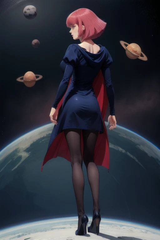 masterpiece, high quality, solo, looking back, 
haman_karn,1woman, pink hair, short hair, sidelocks, bangs, eyebrows, blue eyes,
collarbone, cape, black dress, puff sleeves, long sleeves, juliet sleeves, pantyhose, heels, 
standing in outer space, one hand on hip, detailed background, planets, stardust, (floating hair, outdoors, wind:1.2) 