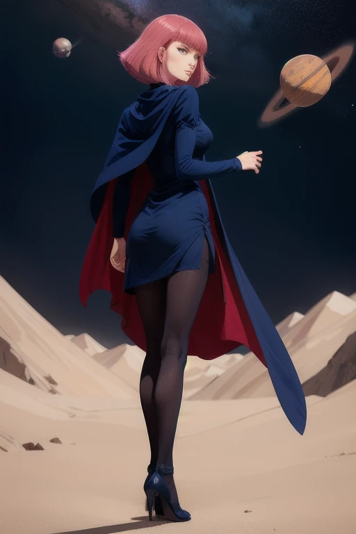 masterpiece, high quality, solo, looking back, 
haman_karn,1woman, pink hair, short hair, sidelocks, bangs, eyebrows, blue eyes,
collarbone, cape, black dress, puff sleeves, long sleeves, juliet sleeves, pantyhose, heels, 
standing in outer space, one hand on hip, detailed background, planets, stardust, (floating hair, outdoors, wind:1.2) 