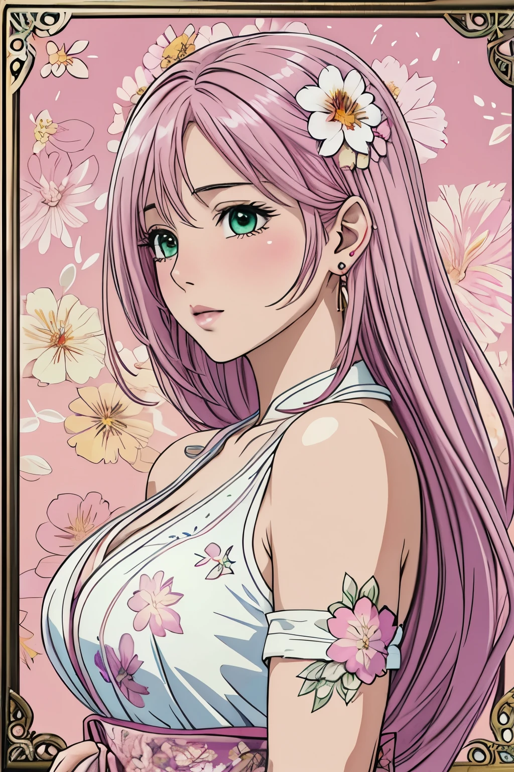 (​masterpiece, top-quality, top-quality, Official art, Beautifully Aesthetic:1.2), green eyes, (highest quality, masterpiece painting:1.3), immature woman, 16 years old, (half body shot), masterpiece, ultra high resolution, (((Flower frame, A lot of flowers in the frame, round frame, A beautiful girl fits into the frame))), Decorative panel, abstract art, (shot from a side angle), (Photoreal:1.0), ((light pink hair)),straight hair, beautiful shining hair, white and shining skin, Painterly, sketch, Texture, 超A high resolution, solo, Beautuful Women, A highly detailed, (Fractal Art:1.1), (colourfull:1.1), (florals:1.6), The most detailed, (Zentangle:1.2), (Dynamic Poses), (Abstract background:1.3), (shinny skin), (Many colors:0.8), (earrings:1.4), (pluma:0.9), Taisho romance