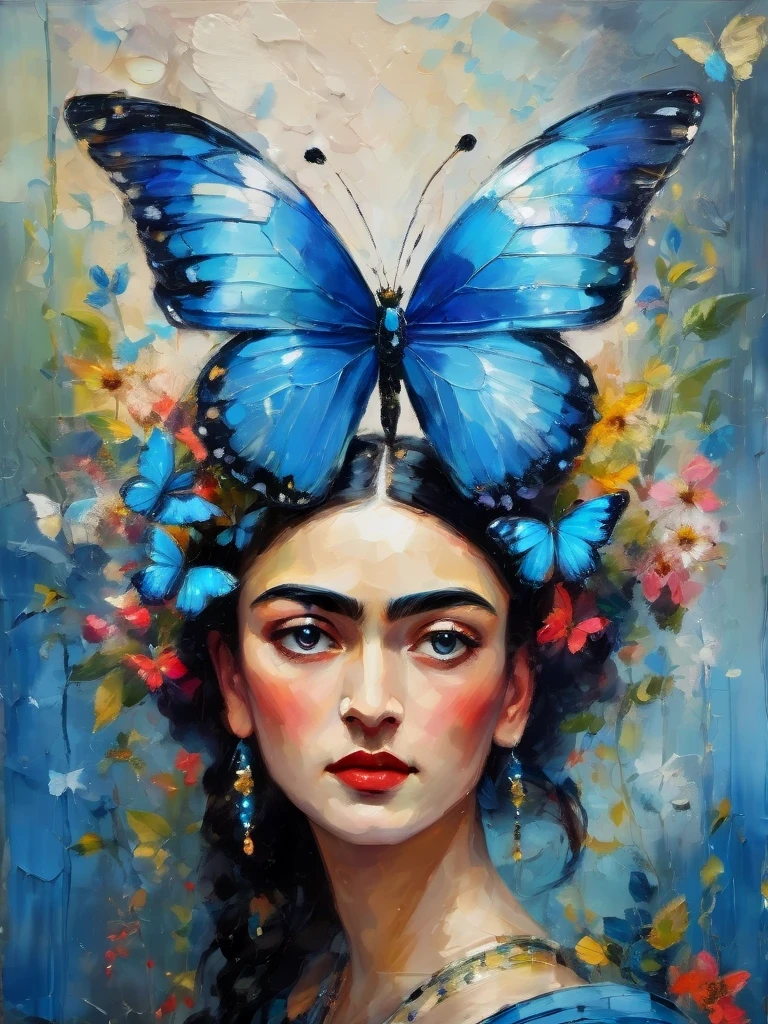 Papillon bleu de style art impressionniste/papillon bleu avec de beaux yeux sur ses ailes, magnifique peinture de Frida Kahlo, peinture au couteau à palette, réalisme magique, réalisme classique, fantaisie, fantasmes éthérés, Décopunk, profondeur de champ (DOF), Gros plans,