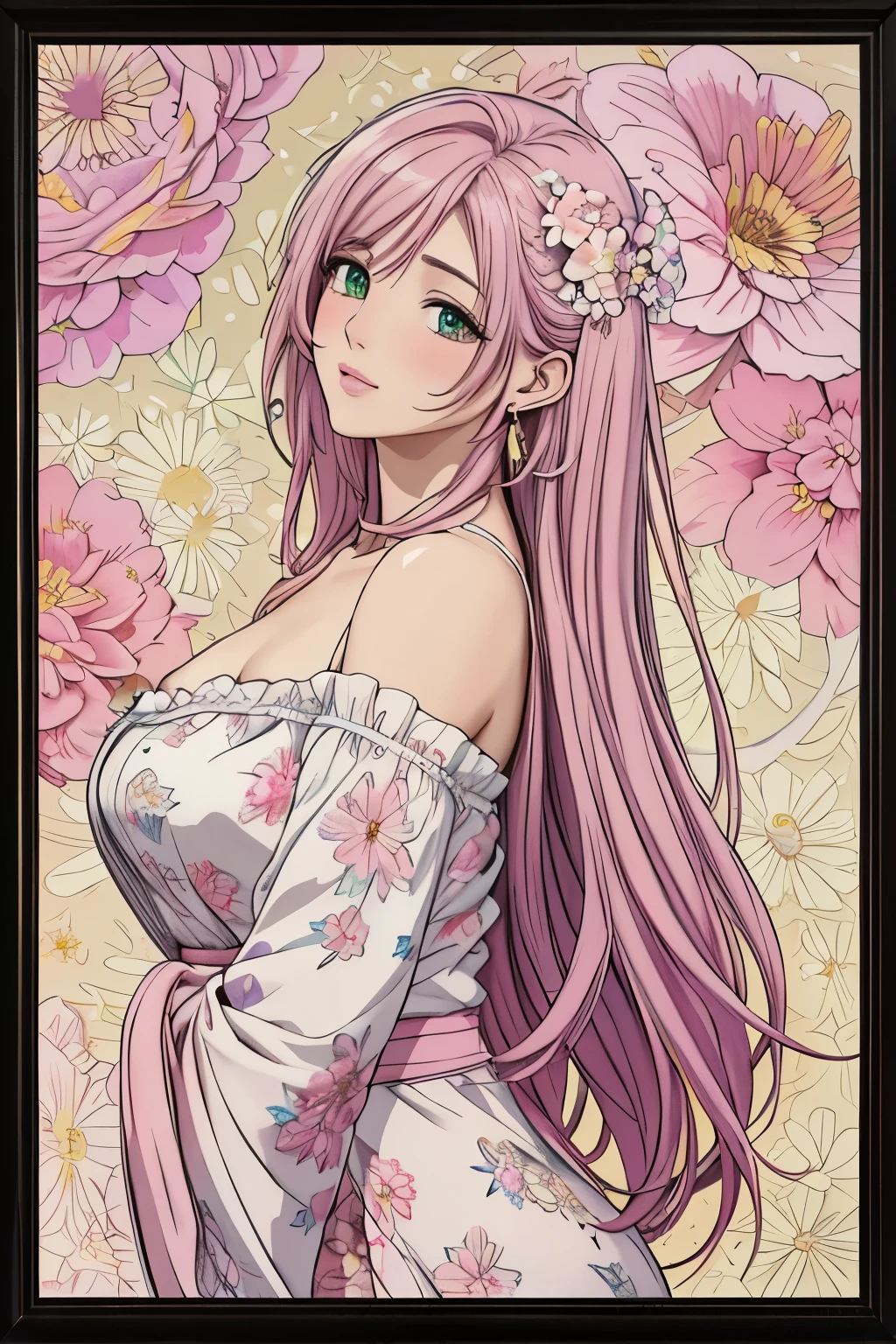 (​masterpiece, top-quality, top-quality, Official art, Beautifully Aesthetic:1.2), green eyes, (highest quality, masterpiece painting:1.3), immature woman, 16 years old, (half body shot), masterpiece, ultra high resolution, (((Flower frame, A lot of flowers in the frame, round frame, A beautiful girl fits into the frame))), Decorative panel, abstract art, (shot from a side angle), (Photoreal:1.0), ((light pink hair)),straight hair, beautiful shining hair, white and shining skin, Painterly, sketch, Texture, 超A high resolution, solo, Beautuful Women, A highly detailed, (Fractal Art:1.1), (colourfull:1.1), (florals:1.6), The most detailed, (Zentangle:1.2), (Dynamic Poses), (Abstract background:1.3), (shinny skin), (Many colors:0.8), (earrings:1.4), (pluma:0.9), Taisho romance