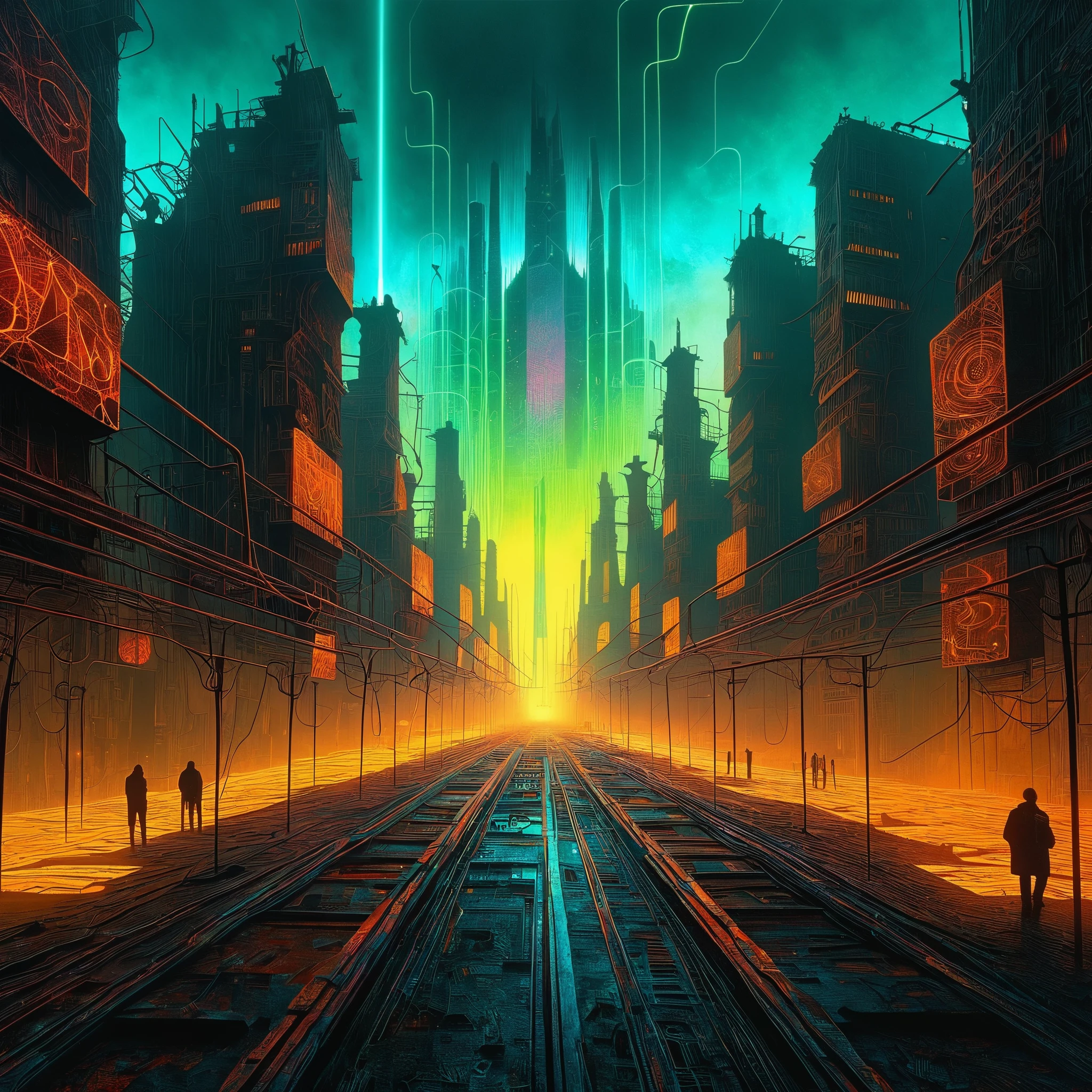 A hyperrealistic, Zdzisław Beksiński-esque dystopian cityscape is consumed by sprawling, biomechanical fractals that pulse with neon-lit musical energy, their intricate patterns weaving a discordant symphony that echoes through the gritty, post-apocalyptic streets in a dark, visually arresting fusion of geometry and sound.