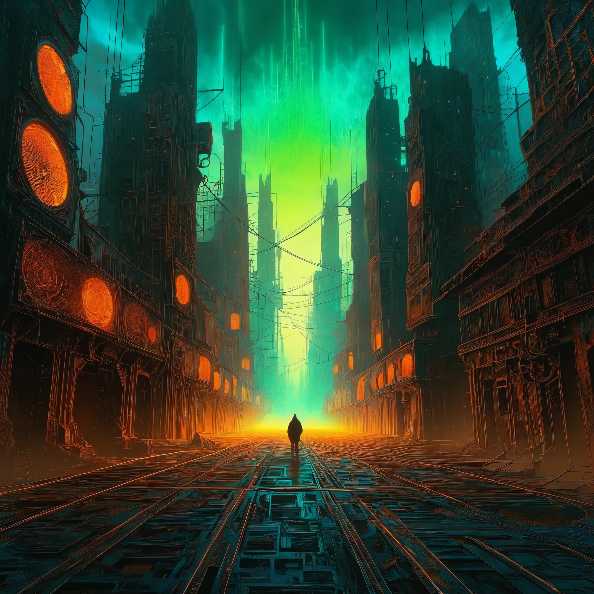 A hyperrealistic, Zdzisław Beksiński-esque dystopian cityscape is consumed by sprawling, biomechanical fractals that pulse with neon-lit musical energy, their intricate patterns weaving a discordant symphony that echoes through the gritty, post-apocalyptic streets in a dark, visually arresting fusion of geometry and sound.