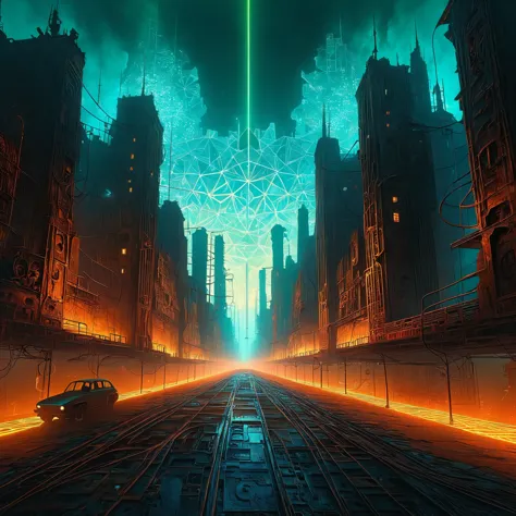 a hyperrealistic, zdzisław beksiński-esque dystopian cityscape is consumed by sprawling, biomechanical fractals that pulse with ...